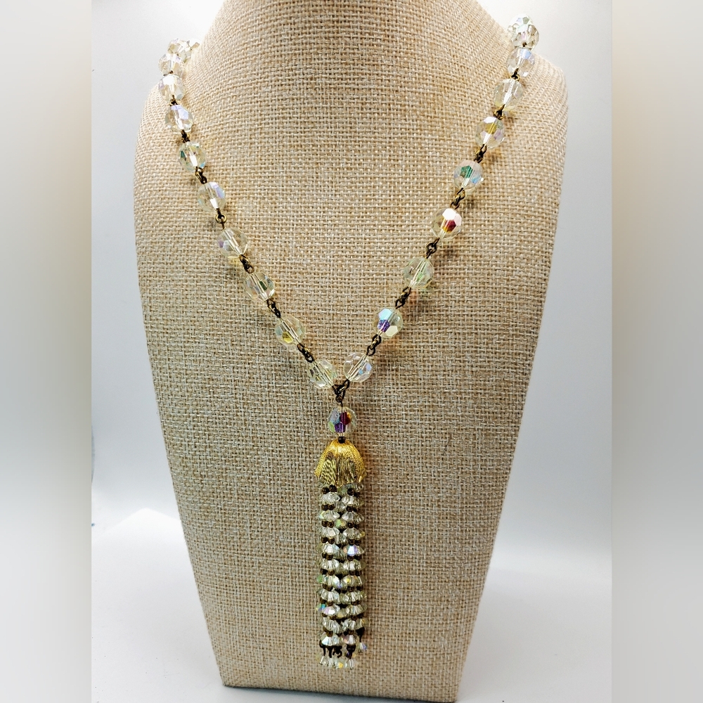 Vintage Crystal Necklace Pendant Tassel Aurora Borealis Faceted Beads 60s Era